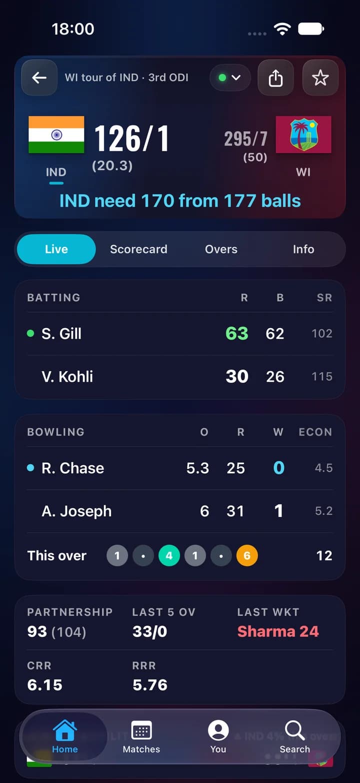 BoxSeat live match screen. A tap on the star at the top right follows the match, and the app confirms it is on your Lock Screen.