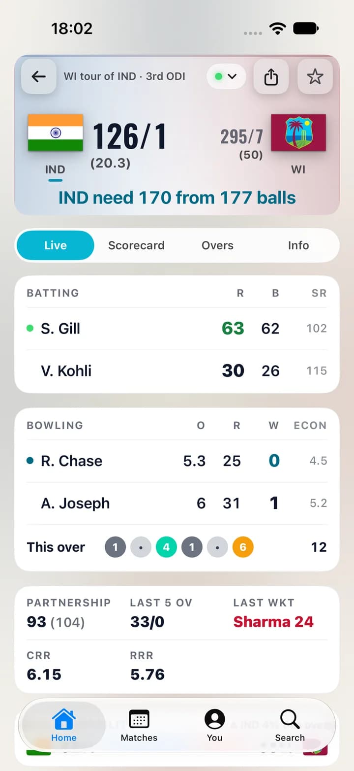 BoxSeat live match screen. A tap on the star at the top right follows the match, and the app confirms it is on your Lock Screen.